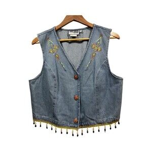 NANCY BOLEN City Girl Womens Size 12 Fringe Embroidered Boho Aztec Denim Vest